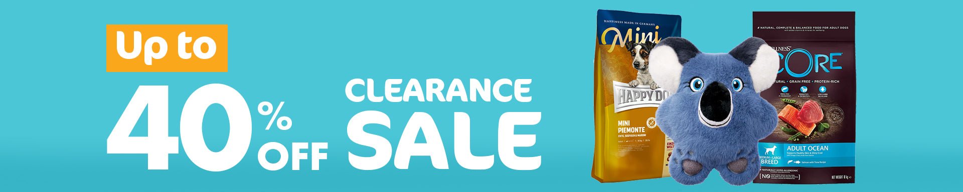 Clearance sale collection of pet products including food, toys, grooming supplies with discounts up to 40%