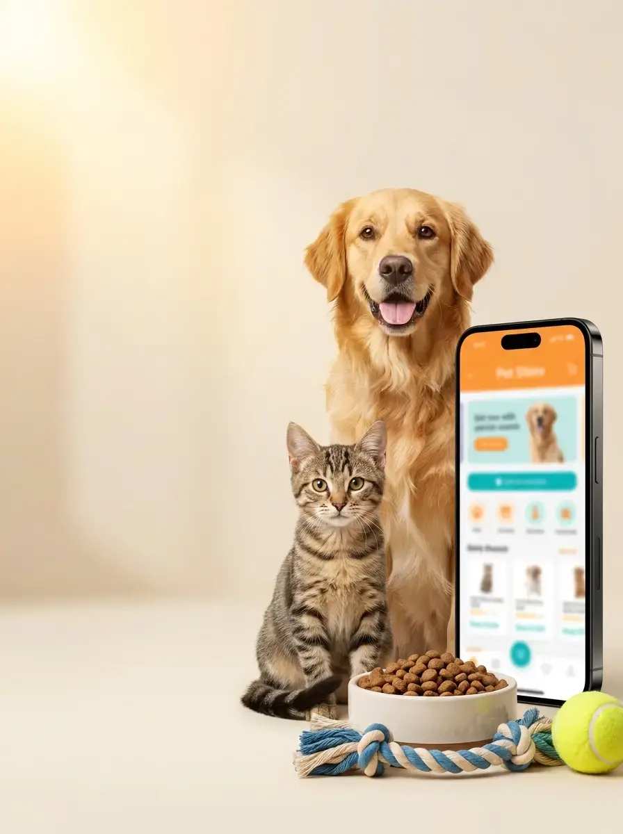 The Pets Club app on a phone beside a happy golden retriever, a tabby cat and a bowl of food