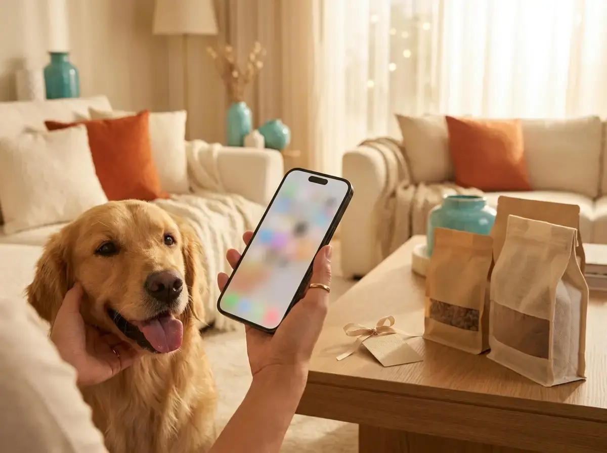 A golden retriever beside a pet parent shopping on the app