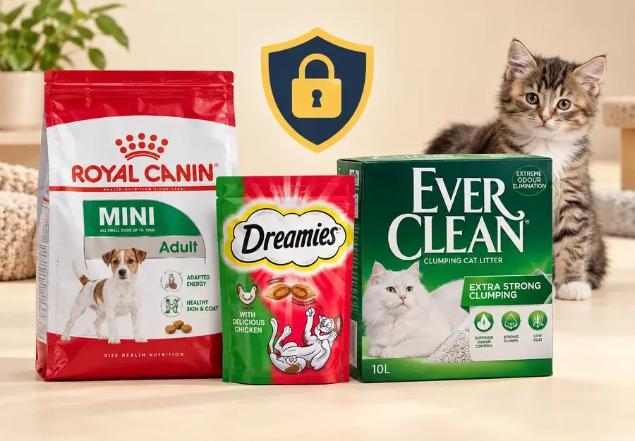 A bag of dog food, a pack of cat treats and a box of cat litter, sealed, under a padlock shield