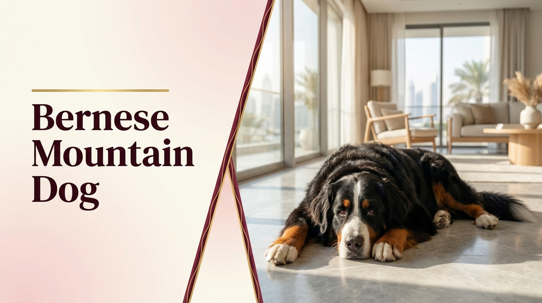 Bernese Mountain Dog guide UAE — tri-colour Bernese resting in an air-conditioned Dubai home