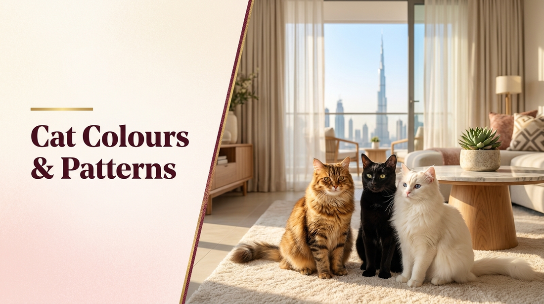 Cat colours and patterns guide — tabby, black and white cats together in a Dubai home
