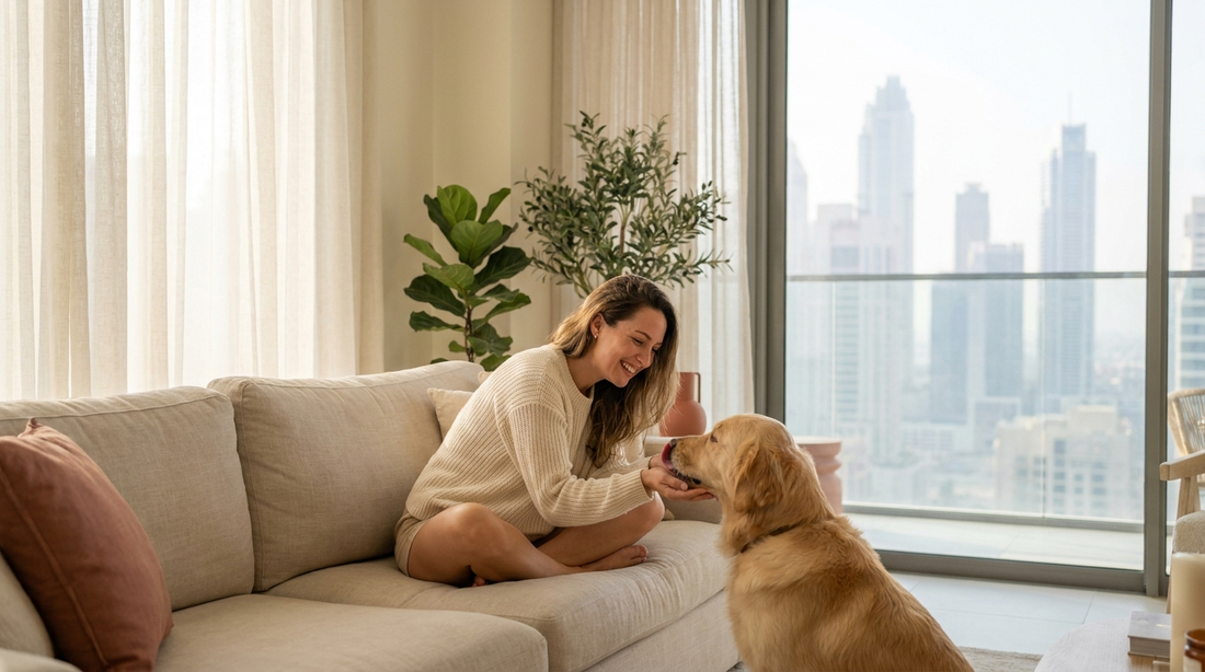 Golden retriever gently licking its owner's hand in a bright Dubai apartment