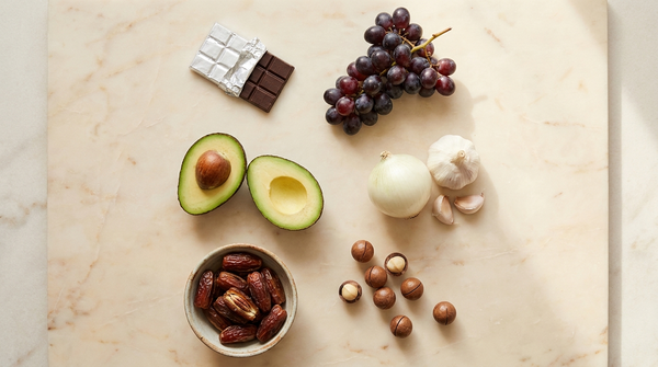 Foods toxic to dogs including chocolate, grapes, avocado, onion, garlic, macadamia nuts and dates