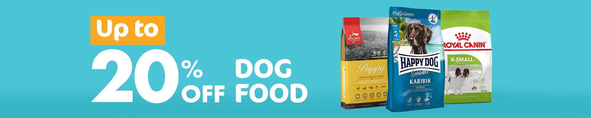 Dog food sale collection featuring various brands of dry, wet, and frozen dog food with up to 20% discount