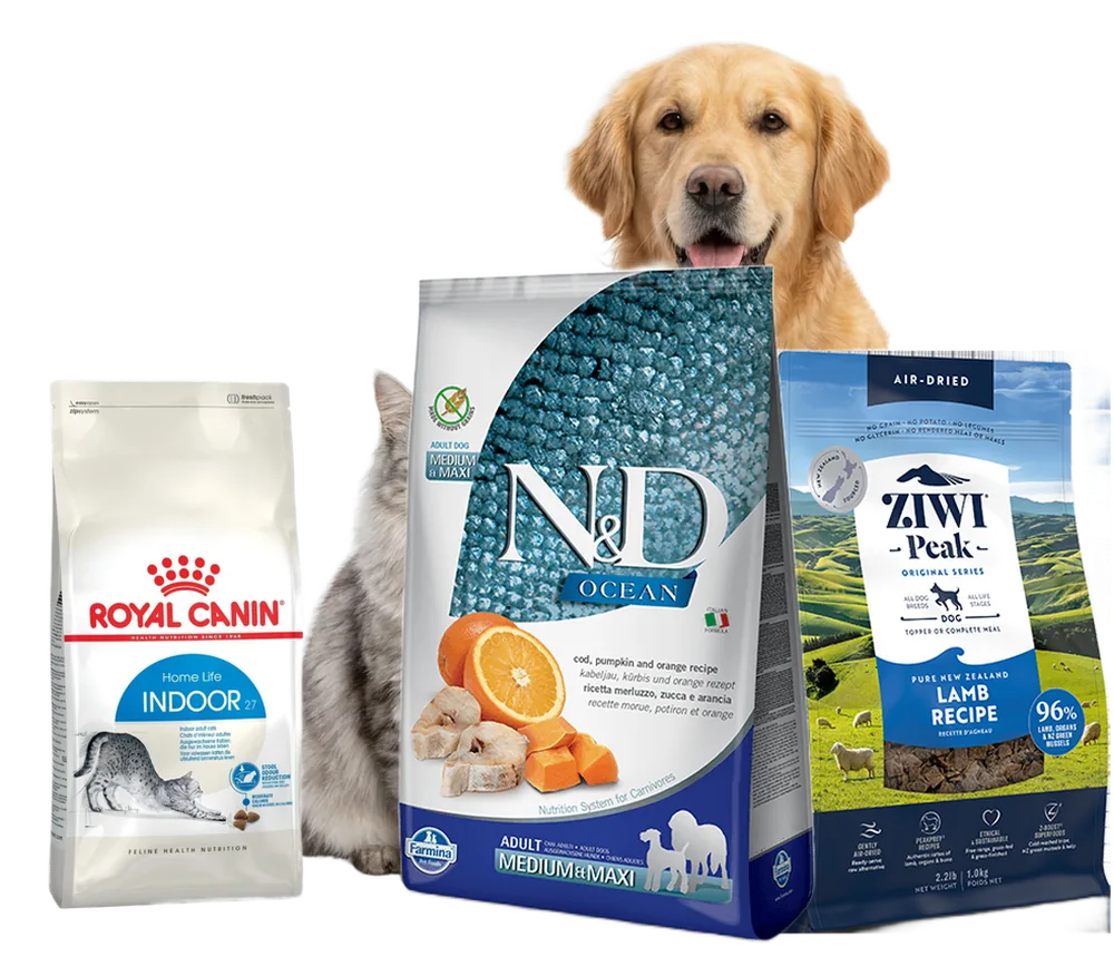 Royal Canin, N&D and Ziwi Peak pet food with a happy dog and cat