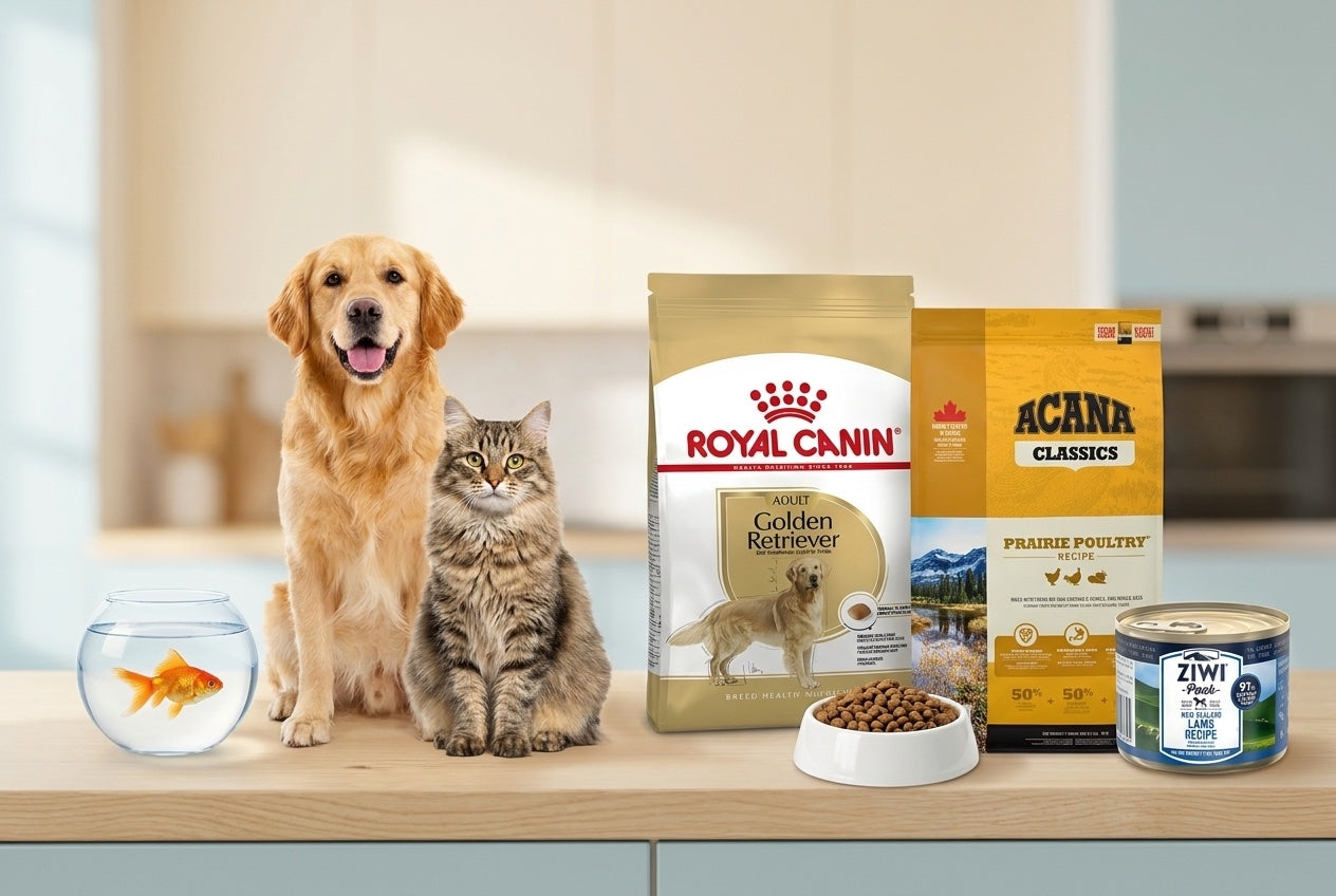 A happy dog and cat with pet food at home