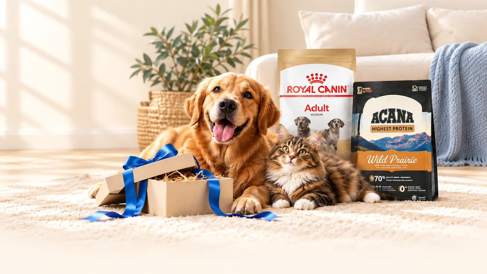 A golden retriever and a tabby cat on a rug beside an open gift box and bags of Royal Canin and ACANA